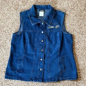 Crystal Fashions Women's Blue Denim Vest Size 14 Jean Embroidered Vtg Y2K Retro